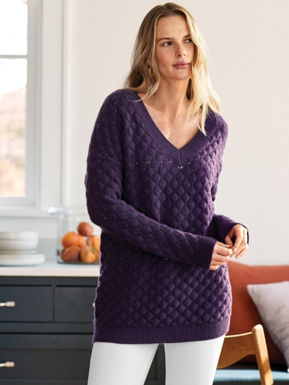 BN Garnet Hill heathered purple diamond oversized cashmere cocoon v-neck sweater